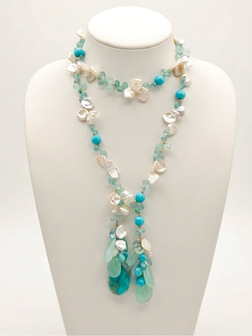 One of a kind 44” semiprecious stone necklace🩵🐬
